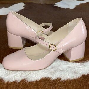 9B Stuart Weitzman MJ 60 Women's Pink Patent Chunky Pumps Heels Mary Jane